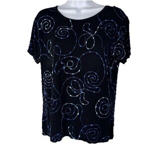 VTG Choices Top Women's LG-P Black Light Blue Swirl Embroidered‎ Short Sleeve